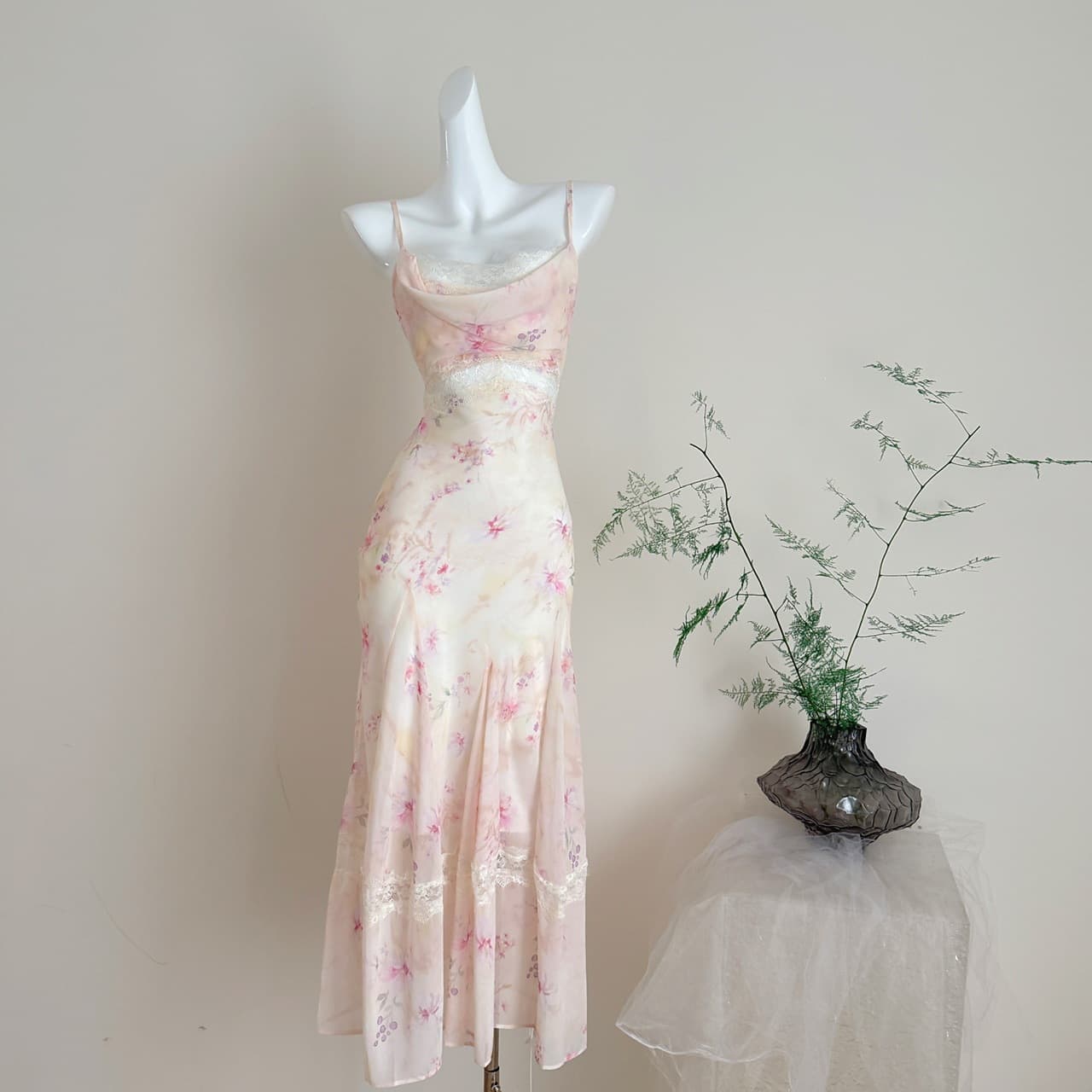 French Draped Lace Trim Printed Long Slip Dress