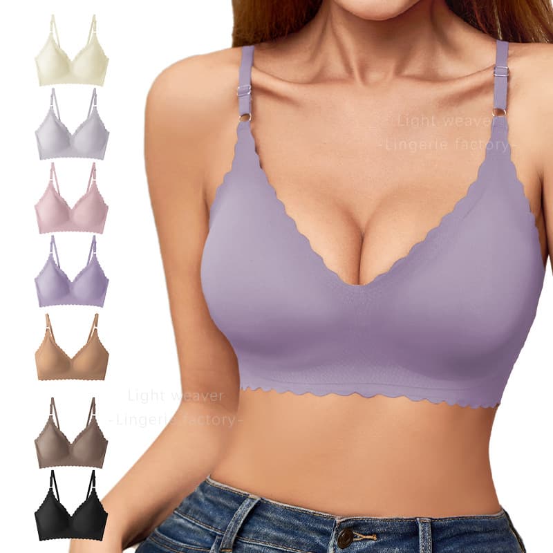 New European and American seamless ice silk V-neck camisole with wavy lotus lace, wire-free backless bra, suitable for outerwear