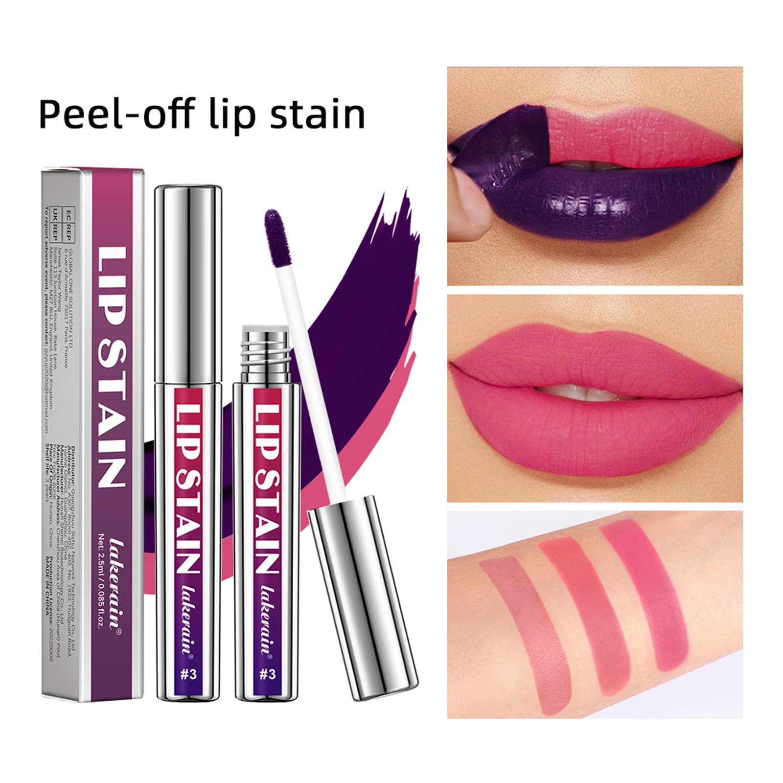 Cross-border lakerain Silver Tube Peel-Off Lip Gloss, Matte Lip Gloss, Easy to Color, Waterproof, Not Easy to Fade, Peel-Off Lip Gloss