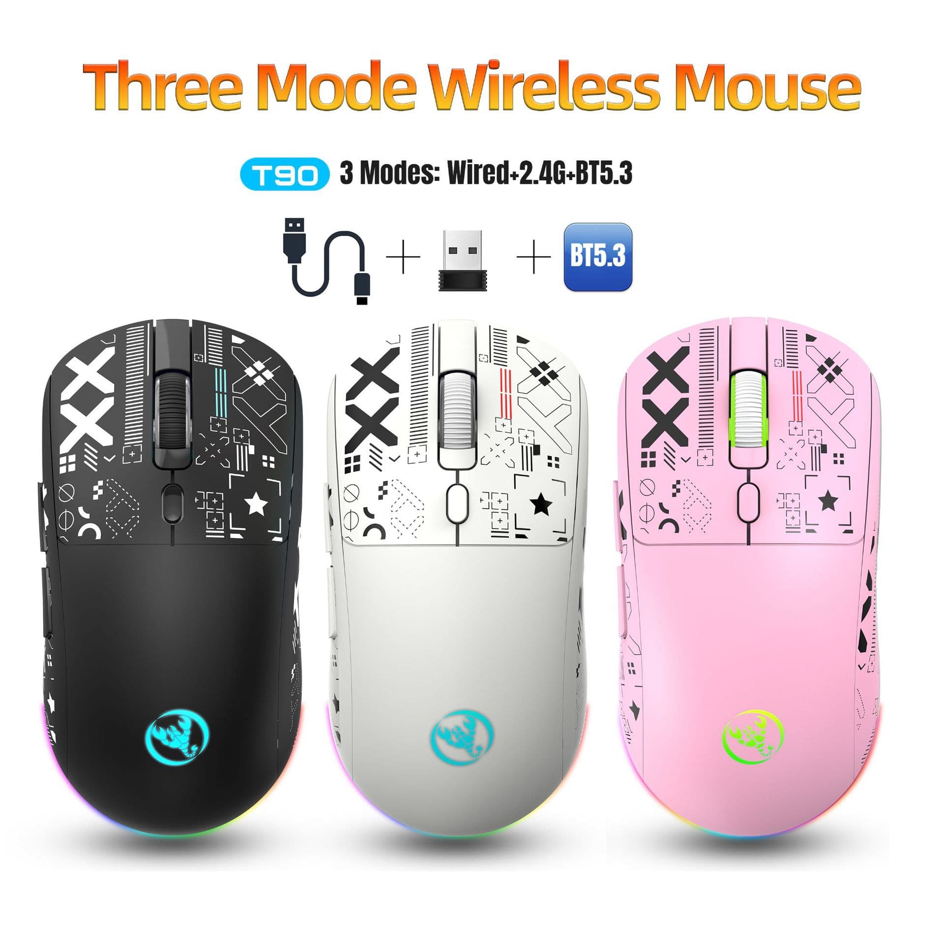 Tri-Mode Silent Wireless Mouse, 2.4G / Wired / BT5.3, Water Transfer Printing, 3600dpi, Rechargeable Gaming Mouse, Stock Available