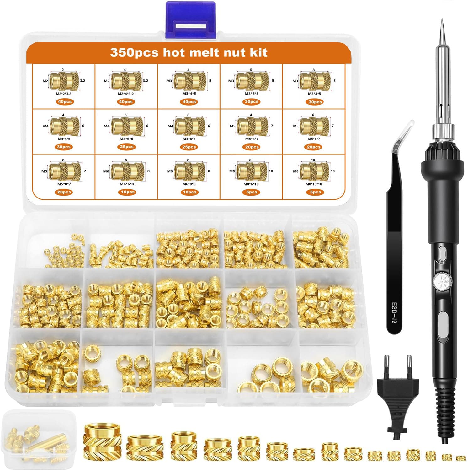 6 Heat-Set Inserts + 350 Threaded Inserts Welding Kit 3D Printing Heat-Melt Nut Tool Repair Electric Soldering Iron