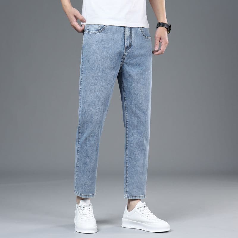 Men's Straight Leg Jeans, Loose Fit, Versatile Summer Lightweight Trendy Casual Pants, Petite Ankle Length
