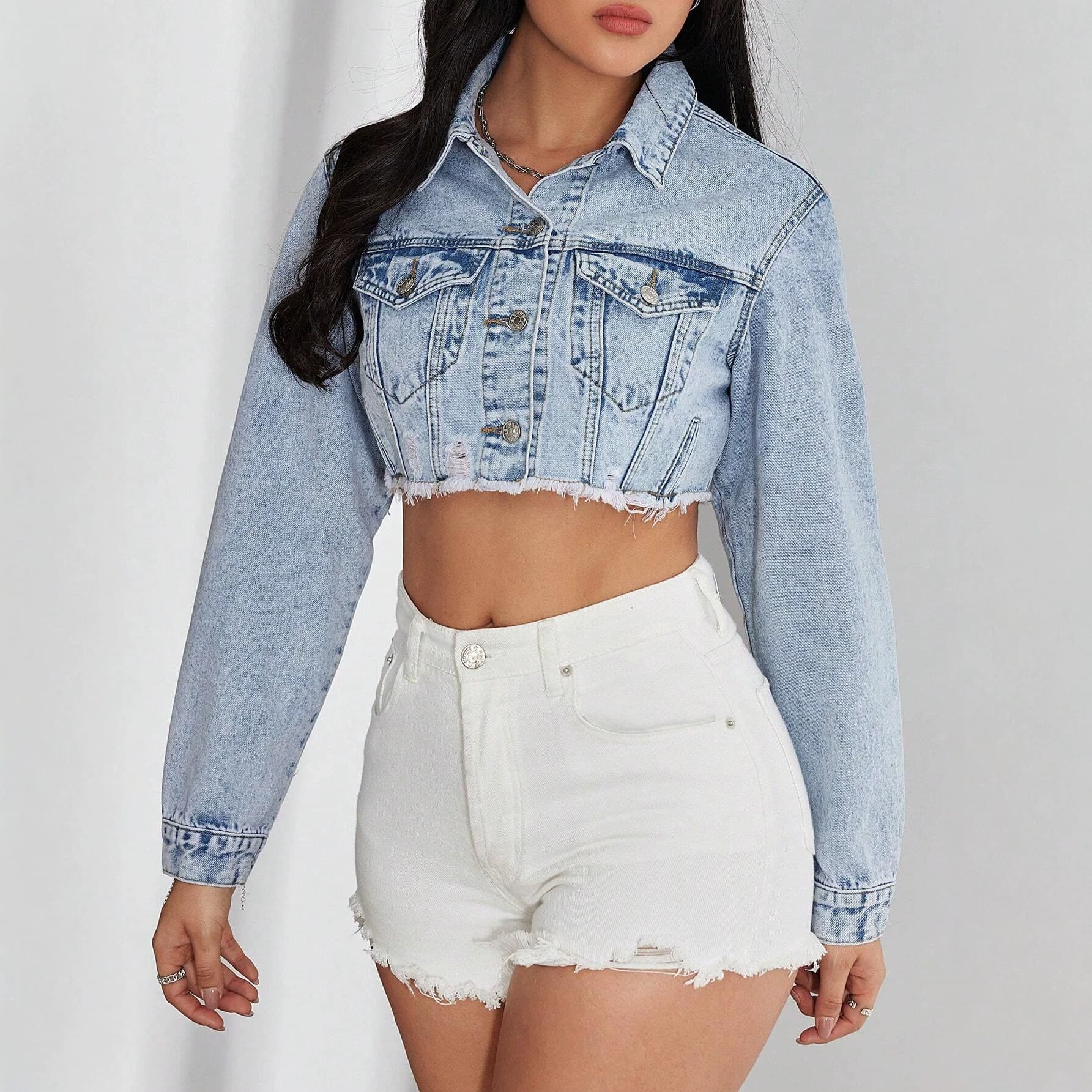 European and American Washed Short Denim Jacket for Women, Frayed and Ripped Jacket, Hot Girl Versatile High-Waist Short Top, Street Style