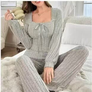 Amazon Hot-Selling Fall/Winter Long Pajama Set with U-Neck Brushed Ribbed Knit Comfortable Loungewear