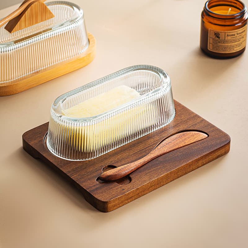 Vertical Grain Glass Butter Dish with Acacia Wood Base and Butter Knife, Household Cheese Storage Container, Western Kitchen Butter Organizer