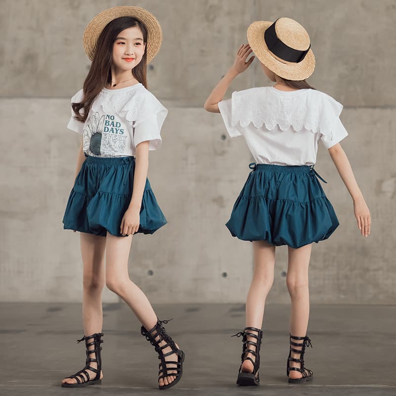 Girls Children's Clothing Set 2021 Summer Ruffle Printed T-Shirt + Lantern Shorts Two-piece Set Korean Style Short Sleeves