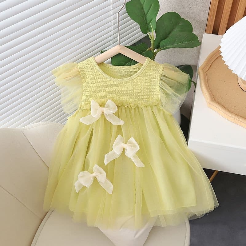 Girls Dress 2026 Summer Green Pink Small Fresh Mesh Sweet Princess Dress Short Sleeve Bow Puff Skirt