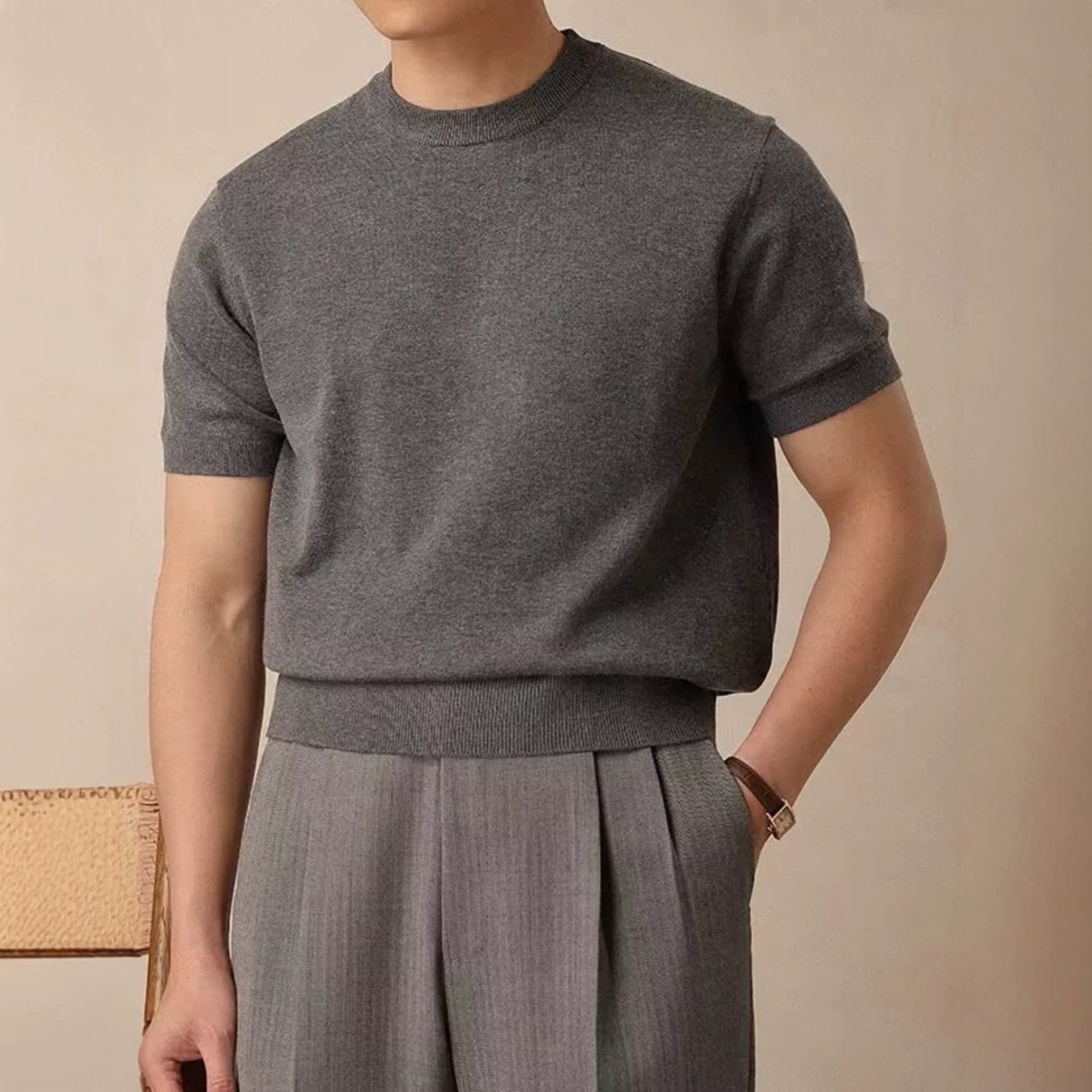 Cross-Border Summer New Round Neck Short Sleeve T-Shirt Men Korean Trendy Knit Ice Silk Base Layer Solid Casual Top