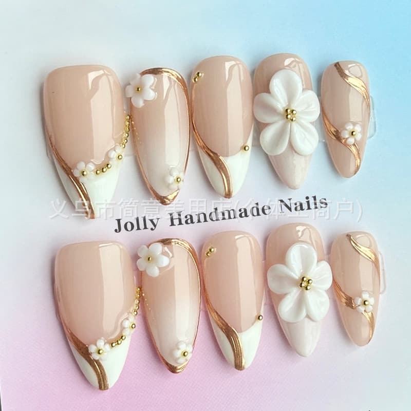 Cross-border Europe and America handmade wearable nails, hot-selling hand-painted 3D carved floral almond press-on nails wholesale