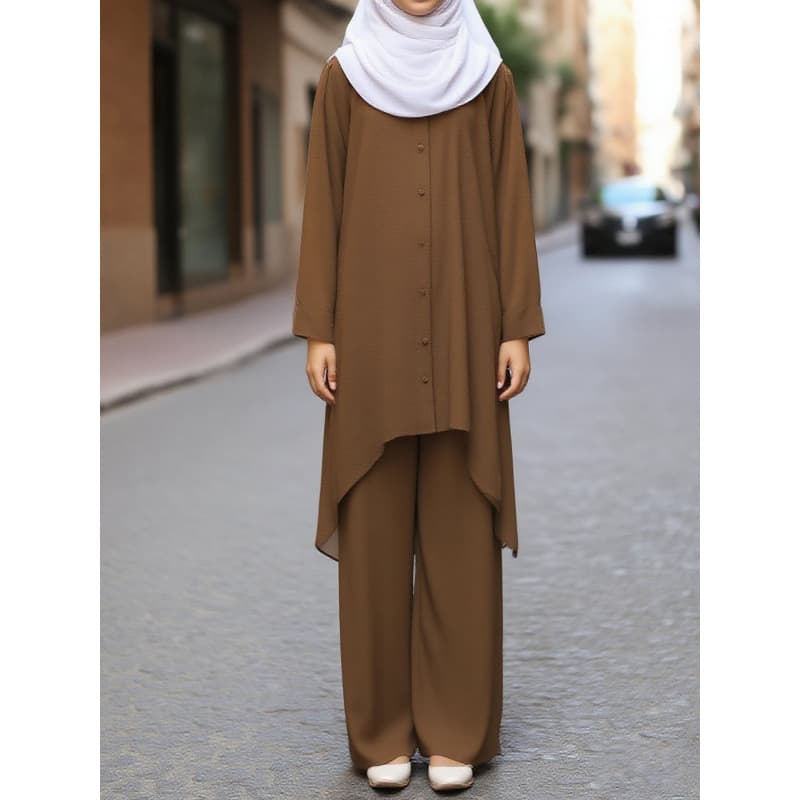 Cross-Border Single-Breasted Asymmetrical Top + Wide-Leg Pants Abaya Suit, Dignified and Elegant Suit