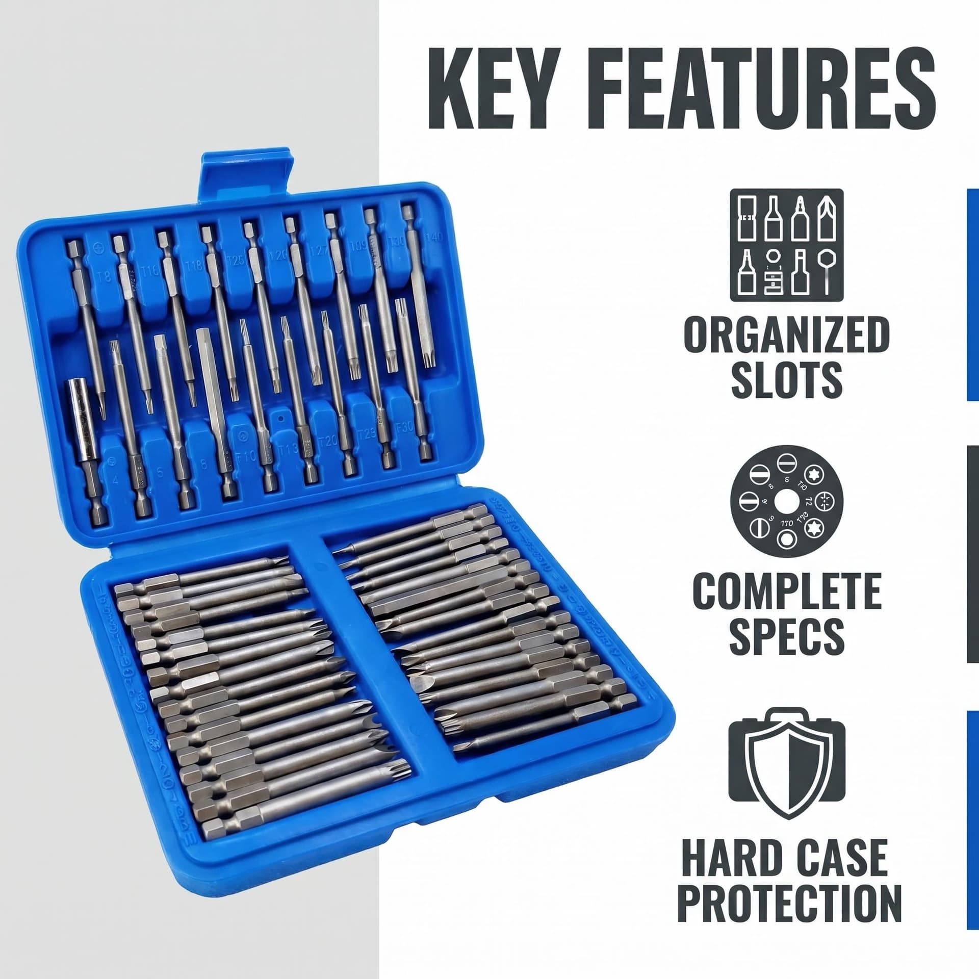50-Piece Extended Bit Set, Magnetic Torx Hex Cross Flat Electric Screwdriver Bits with Storage Case