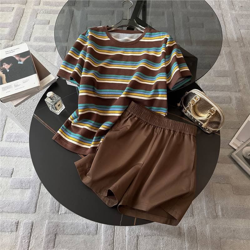 Shenzhen Nanyou Ins Trending Set Women's Summer New High-End Stylish Striped Short Sleeve T-Shirt and Shorts Two-Piece Set