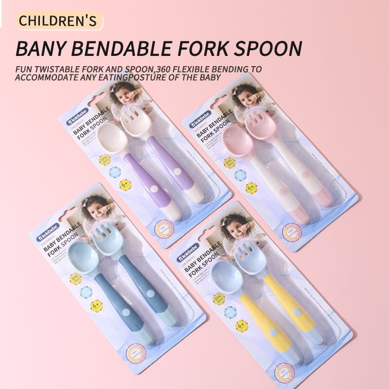 English Packaged Baby Training Spoon with Curved Learning Fork, Infant Weaning Spoon and Practice Fork Set