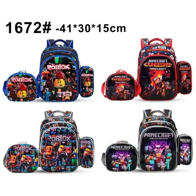 Cross-border school bag three-piece set lunch bag pencil box primary school student minecraft 16-inch backpack 3D hard shell cartoon school bag