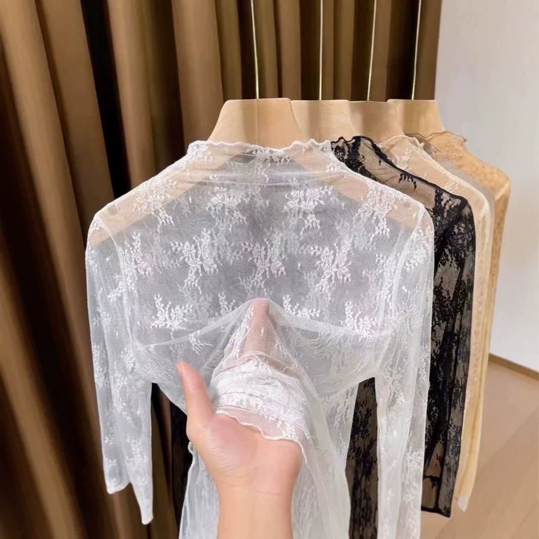 2026 new see-through half turtleneck lace bottoming shirt, stylish thin mesh shirt with inner top for women
