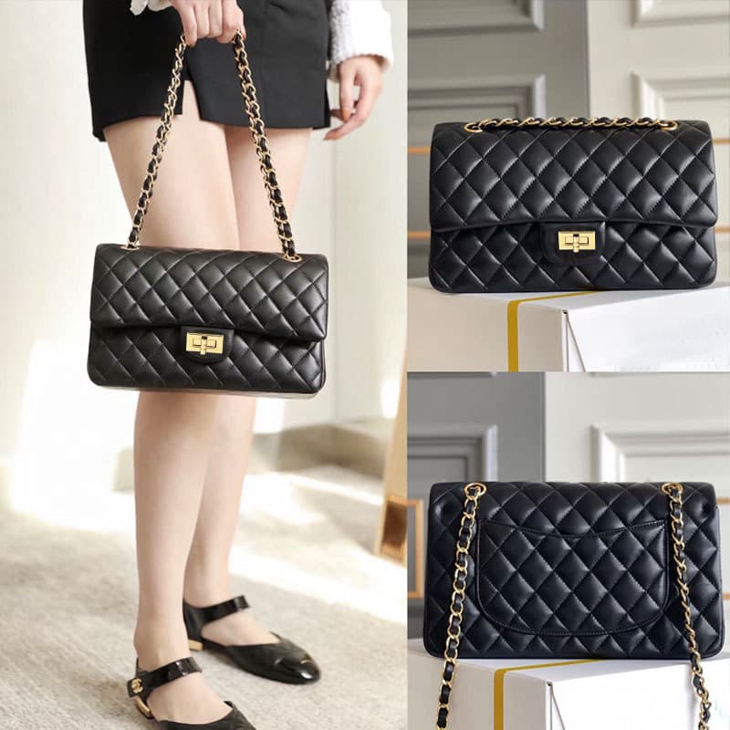 Genuine Leather Women's Handbag 2024 Spring/Summer New Black Quilted Chain Bag Versatile Handheld Shoulder Crossbody Lambskin Small Square Bag