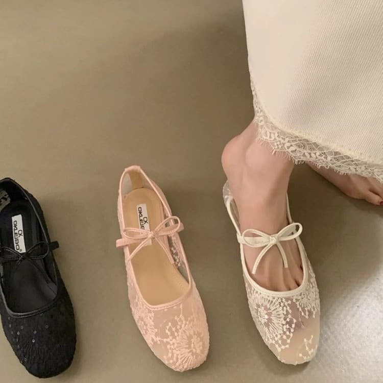 Mesh Bow Fairy Flat Shoes Women 2025 New Spring Summer Breathable Mesh Mary Jane Shoes