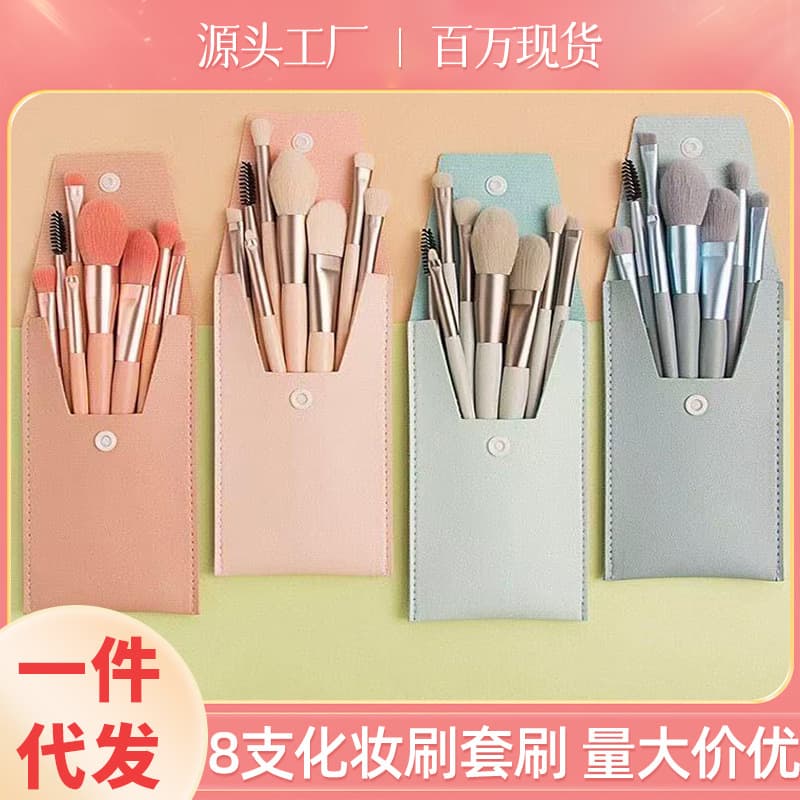8-Piece Mini Makeup Brush Set with Travel Pouch, Soft Bristles, Lip Brush, Eyebrow Brush, Detail Brush, Wholesale