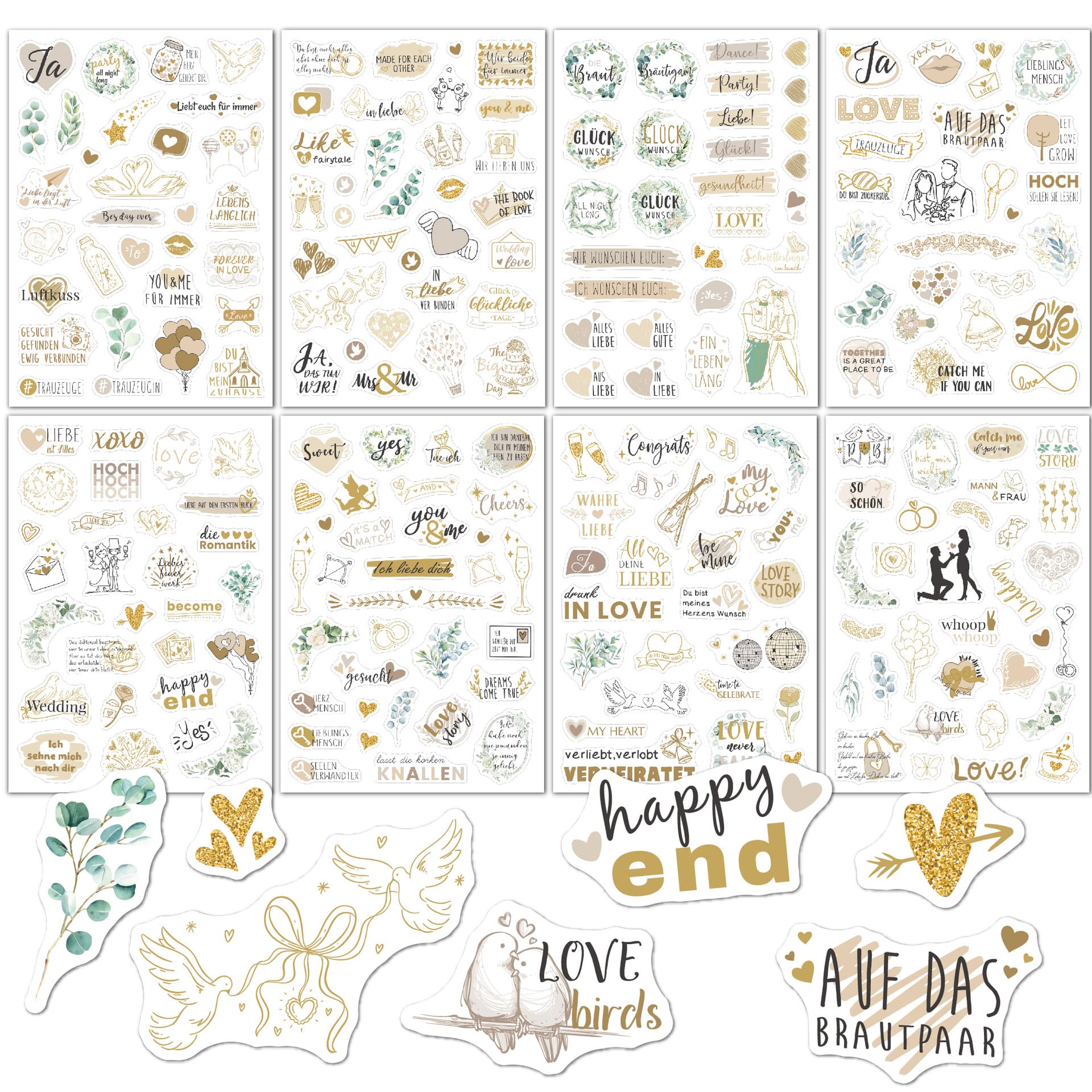 New Cross-Border Message Sticker Pack 230 Pieces, Planner Decoration Scrapbook 8 Sheets, Transparent German Wedding Stickers