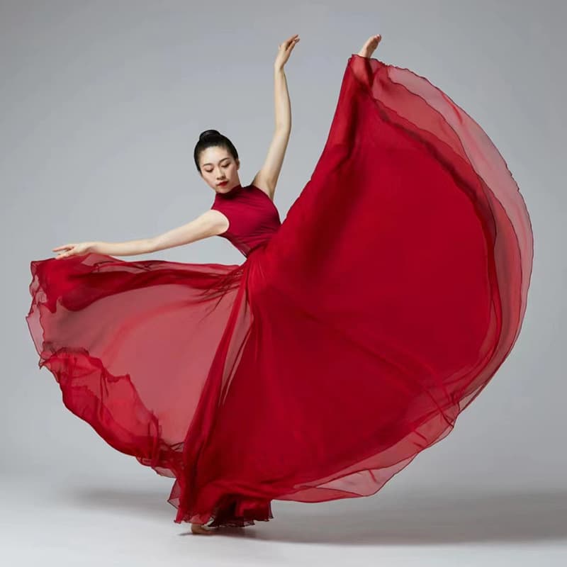 720° Classical Dance Costume for Women, Flowing Double-Layer Chiffon Skirt, Red and White, Xinjiang Square Dance Costume