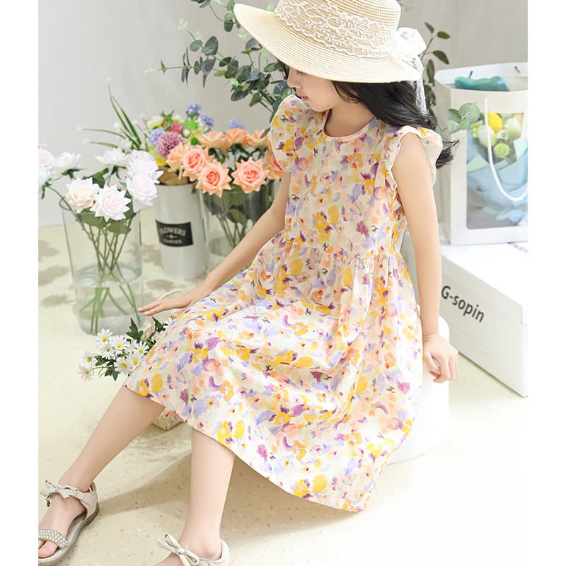 Girls' floral print cotton nightgown, summer ruffled sleeve princess dress, A-line skirt for medium and large children.