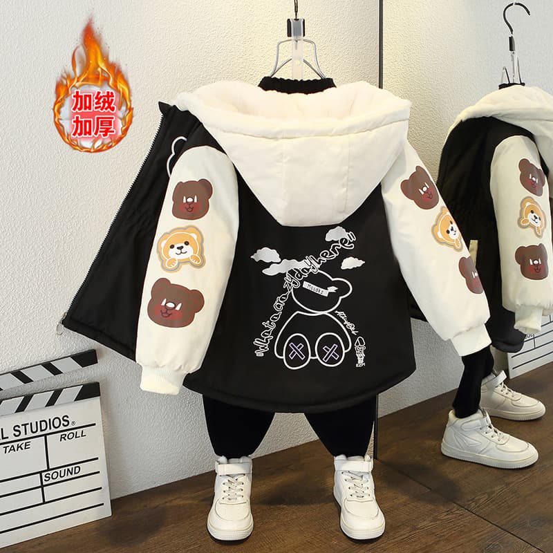 Thickened Fleece Winter Jacket for Boys Toddler Kids Padded Parka Coat Warm Cotton Clothes with Hood Casual Cartoon Pattern