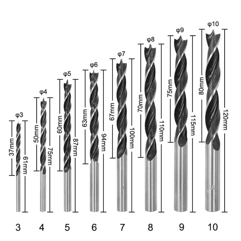 8-Piece Three-Tip Twist Drill Bit Set, Cobalt Coated High-Speed Steel Woodworking Drill Bits, 3-10mm
