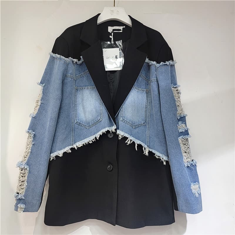 2024 Autumn New American Retro Contrast Color Splicing Suit Design Loose Denim Jacket Women's Jacket Top