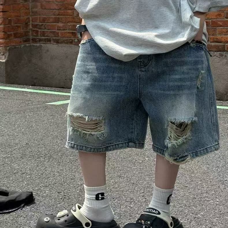 2026 Summer New Style Children's Whisker Distressed Denim Five-Point Pants, Boys Loose Fashionable Denim Shorts