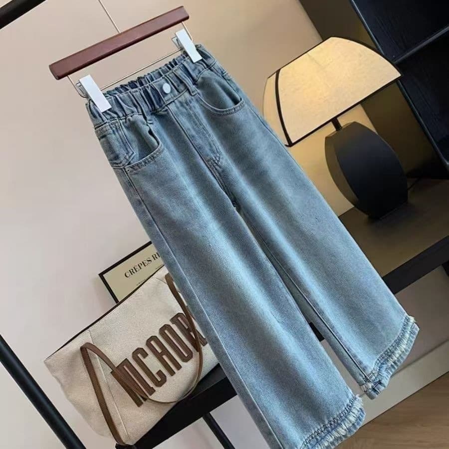 New Year's Children's Clothing Spring and Autumn New Style Designed Raw Edge Washed Jeans Long Pants Straight Leg Pants Wide Leg Pants for Girls, Middle and Large Children