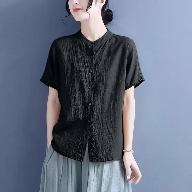 Cotton and linen shirt women's summer new solid color stand-up collar short-sleeved shirt thin mother's wear large size loose slimming top
