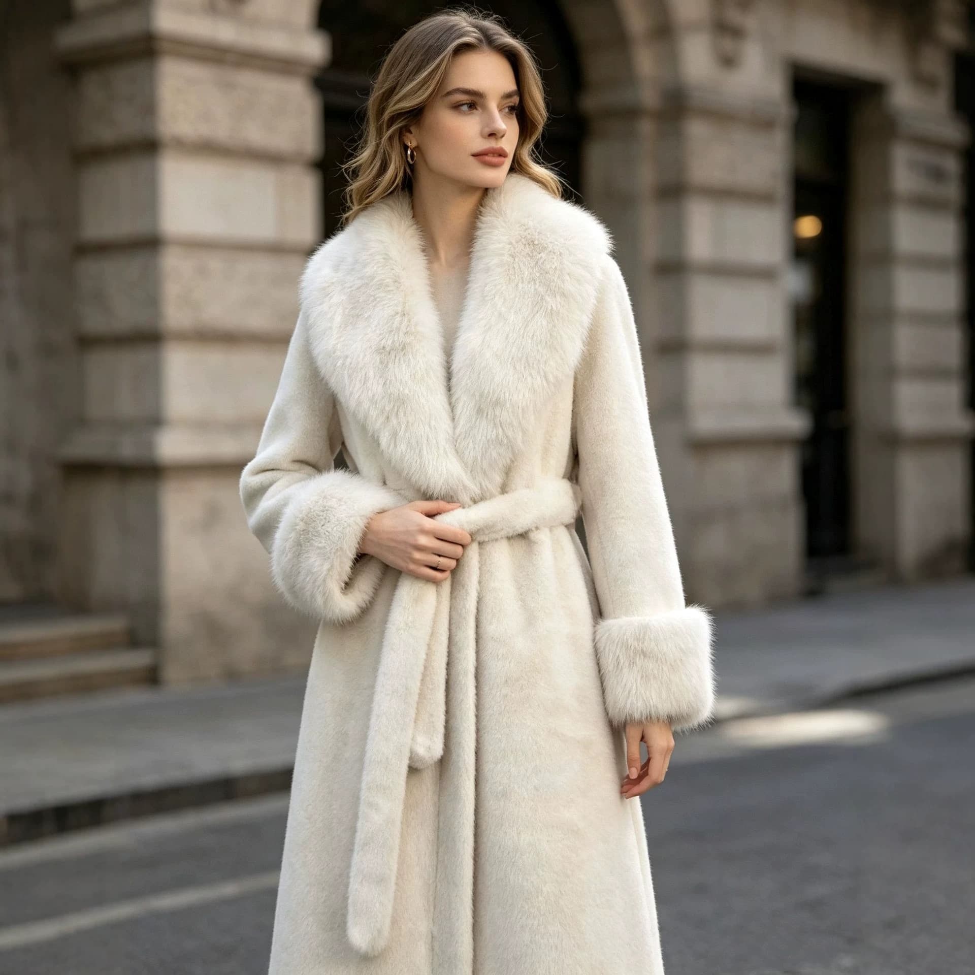 European and American Women's Winter Trench Coat with Large Lapel Faux Fox Fur Long Coat Over Knee Outerwear Plus Size