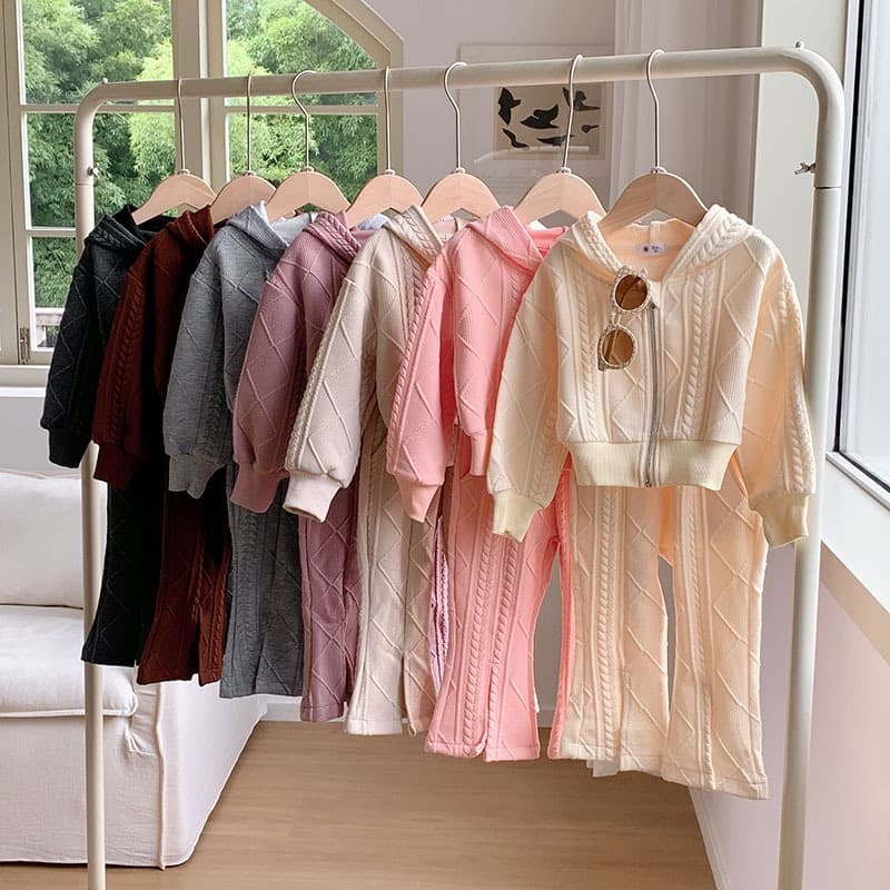 Girls thickened suit spring and autumn new style children's outer wear fashionable baby girl hooded knitted twist two-piece set