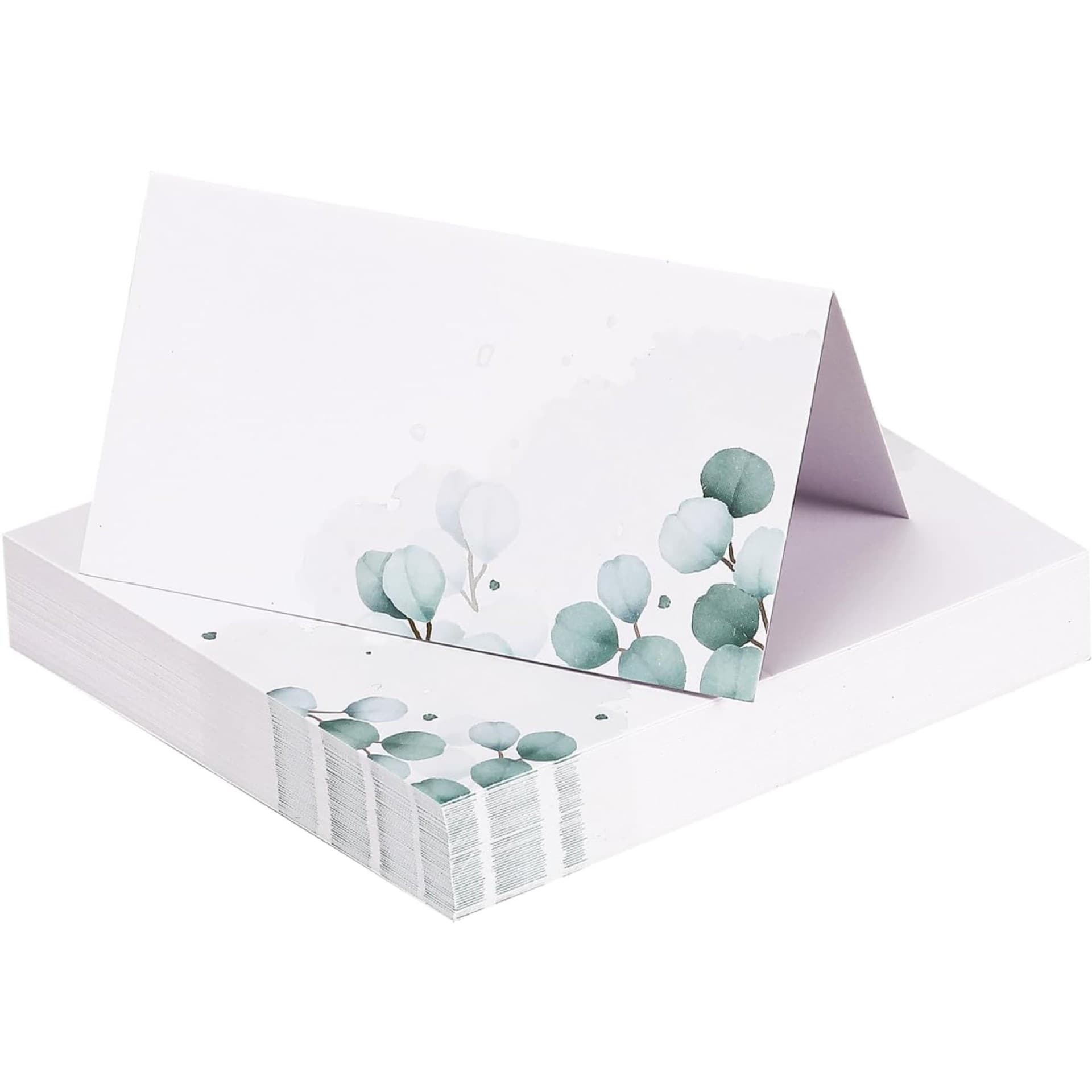 Eucalyptus Leaf Watercolor Style Place Cards, Foldable Blank Wedding Banquet Table Seating Identification Cards, Pack of 50