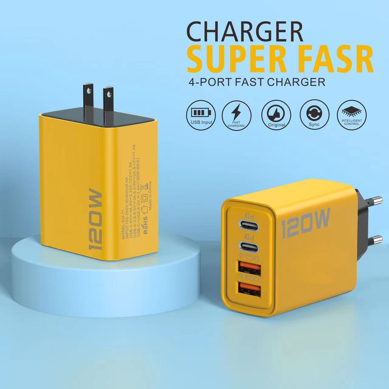 120W Dual PD + Dual USB Charger for iPhone 15 Huawei Phones Dual Type-C Smart Fast Charging Head