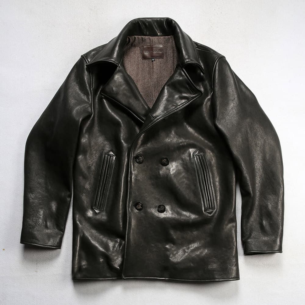 Stallone Navy 740 Genuine Leather Coat Men's Lapel Double-Breasted Horn Button Heavy Wash Full Vegetable-Tanned Sheepskin Jacket