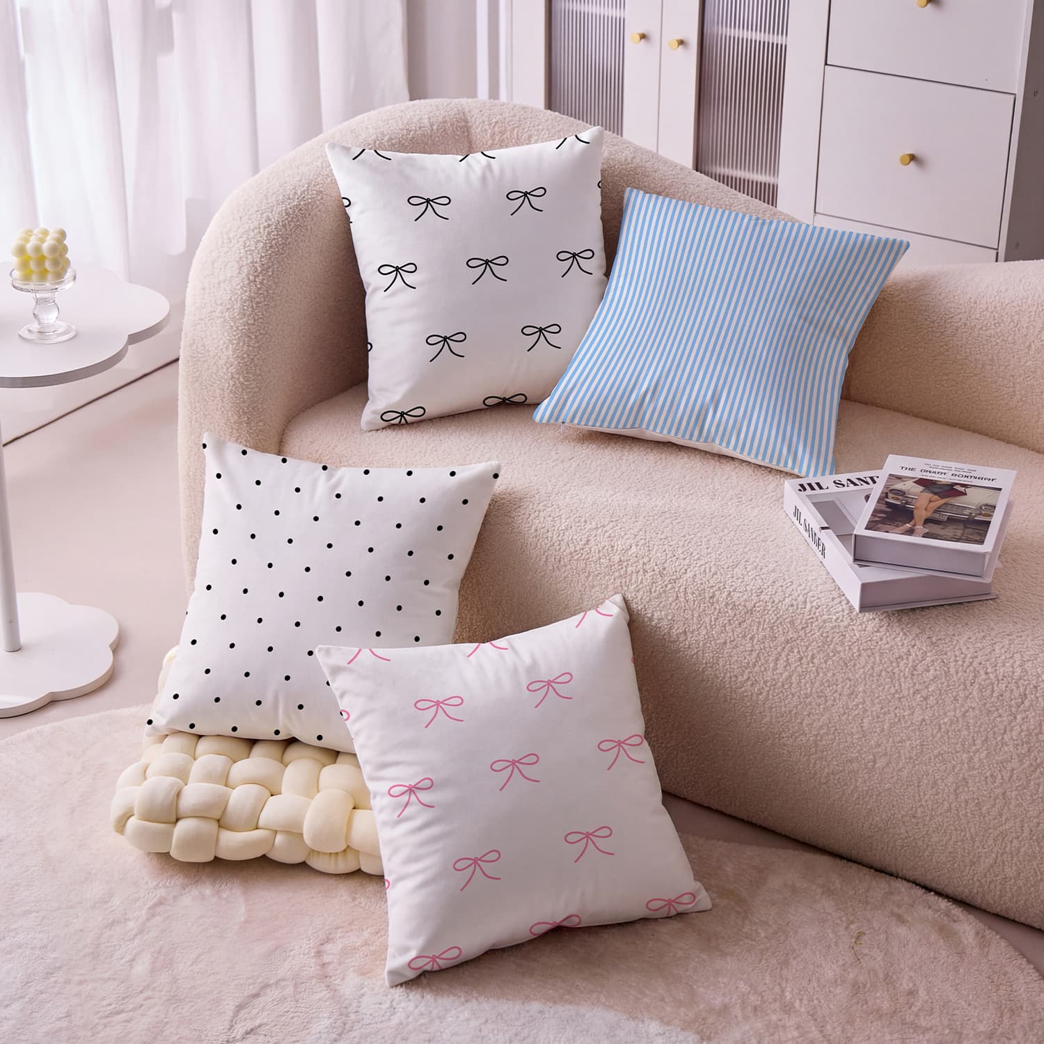 Bow Print Sofa Cushion Minimalist Ins Style Bed Headrest Pillow Polka Dot Stripe Living Room Sofa Throw Pillow Drop Shipping