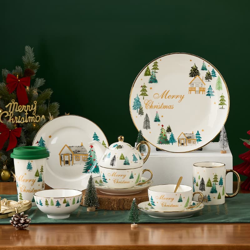 Christmas Tree Dinnerware Set Ceramic Rice Bowl Custom Logo Tableware Cute Snack Plate Ceramic Amazon