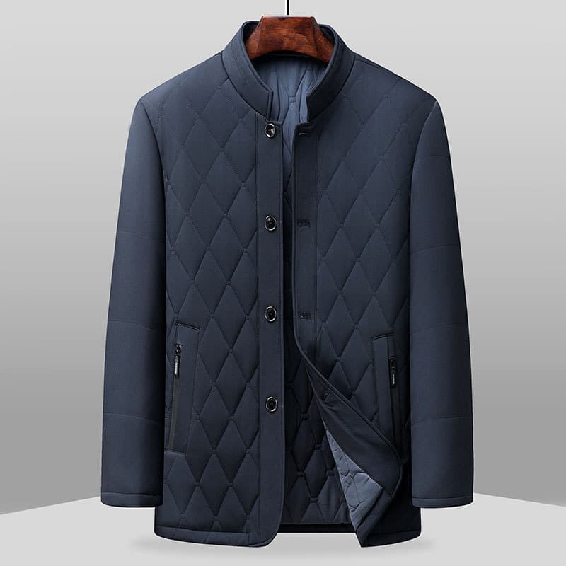 Karl Men's 2025 New Mid-length Stand-collar Cotton-padded Jacket for Middle-aged Men, Imitation Mulberry Silk