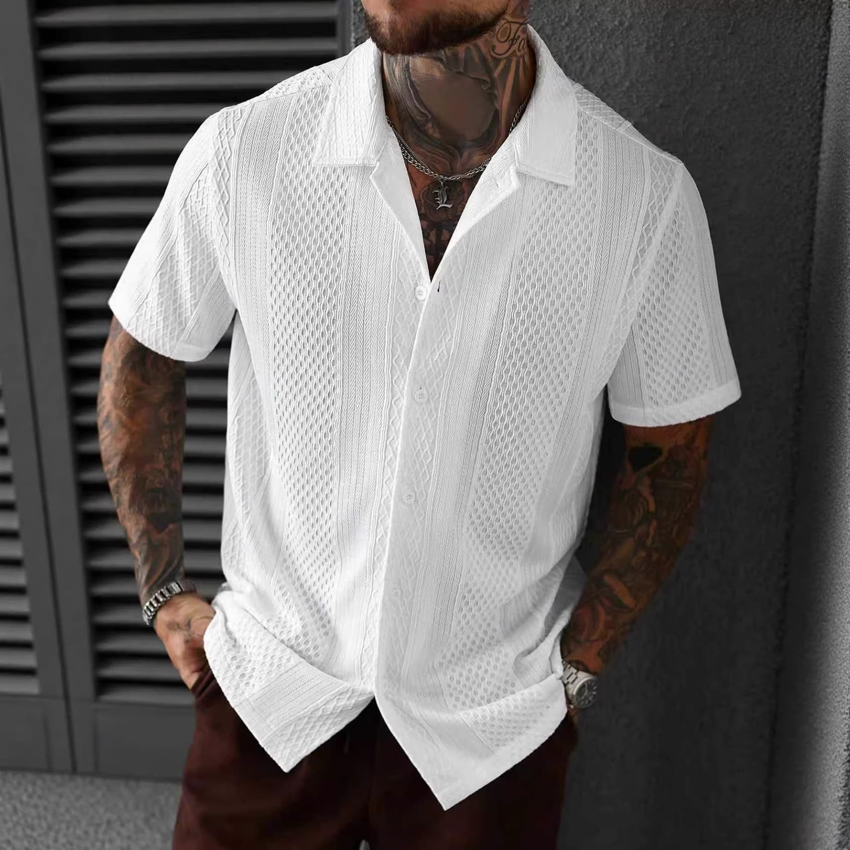 Men's Shirts European and American Men's Clothing Summer New Fashion Lace Short-Sleeved Loose Casual T-Shirt Shirts for Boys