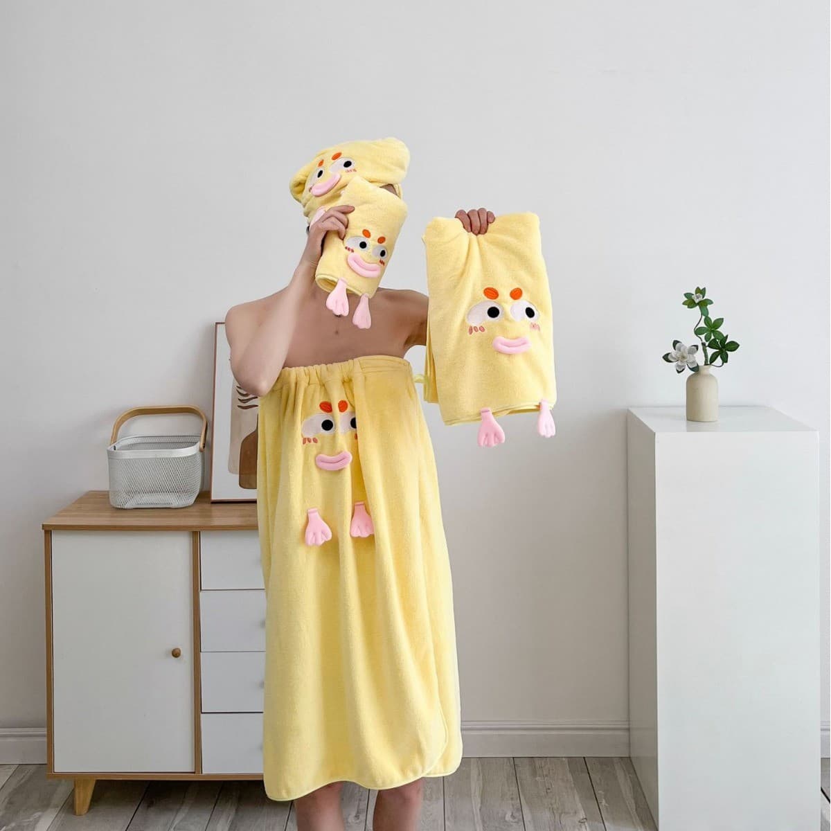 Cute Towel Hat & Bath Wrap Set - Quick-Dry Absorbent Bathrobe for Women, Wearable for Home, Swimming, School