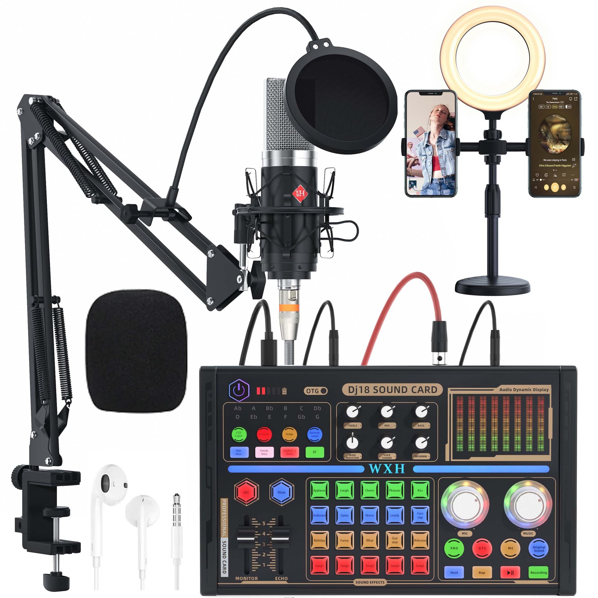48V Audio Interface All-in-One Live Streaming Recording Kit for Apple Phones and Computers, KTV Singing