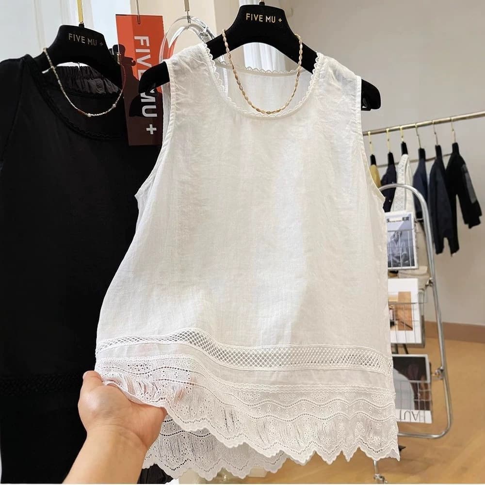Plus Size 200lbs Lace Trim Round Neck Sleeveless Vest T-Shirt for Women, Loose Cotton Linen Top