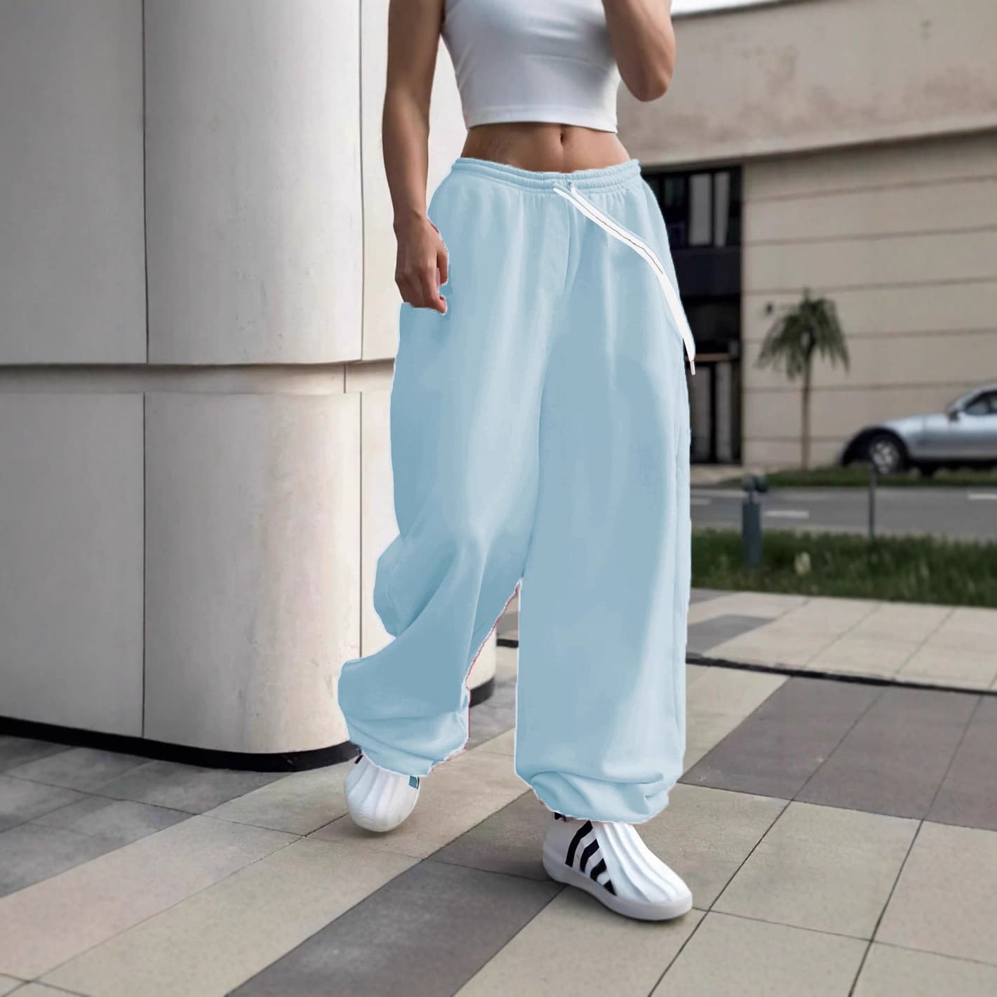 Cross-Border European and American Style Loose Wide-Leg Casual Pants for Women with Drawstring Elastic Waist and Drapey Trousers, Trendy and Versatile Sports Pants