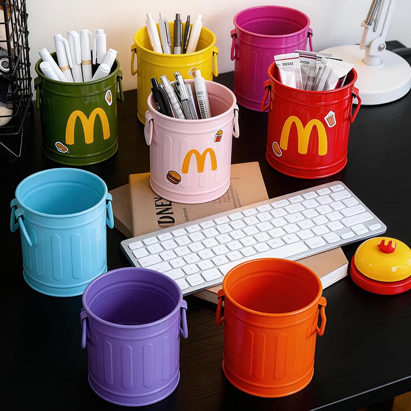 Iron Cylinder Handle Double-Ear Pencil Holder Metal Desktop Storage Bucket Student DIY Creative Pen Container Stationery Organizer