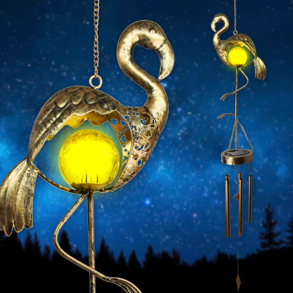European Solar Flamingo Iron Wind Chime Lawn Landscape Light Outdoor Garden Decoration Waterproof Projection Garden Light