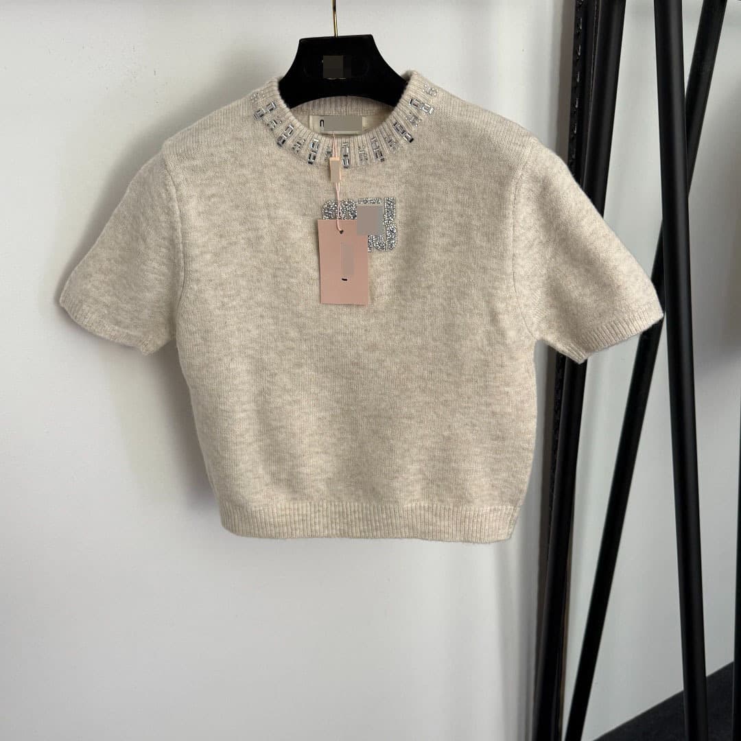 Nanyou High-End Short-Sleeved T-Shirt for Women Spring Lace-Up Diamond Sweater Summer Loose Knitted Sweater Versatile Short Top