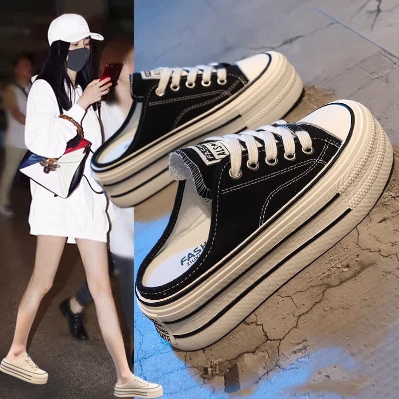 Baotou half slippers for women to wear outside 2026 heelless lazy canvas sneakers thick-soled casual slippers trendy casual slippers