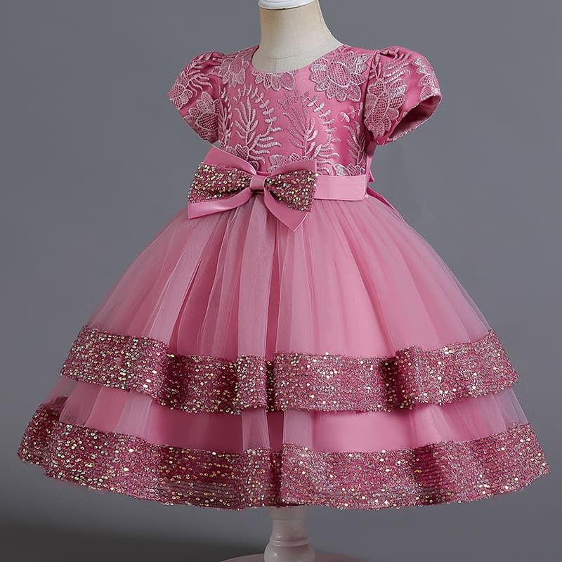 Cross-Border Girls' Dress Embroidered Sequin Bow Short-Sleeved Puffy Princess Dress Wholesale Little Princess Toddler