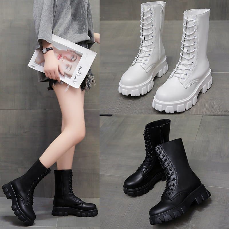 New Autumn/Winter Women's Mid-Calf Motorcycle Boots, British Style Thick-Soled Martin Short Boots, Trendy Slim Boots
